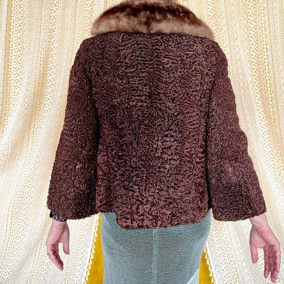 Vintage 60s Brown Persian Lamb Wool and Mink Fur Coat Size M-L - Picture 3 of 16